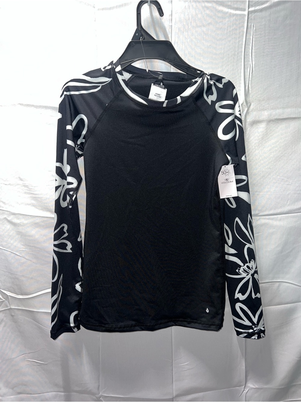 Volcom Black Rash Guard with White Floral Sleeves‎ Small